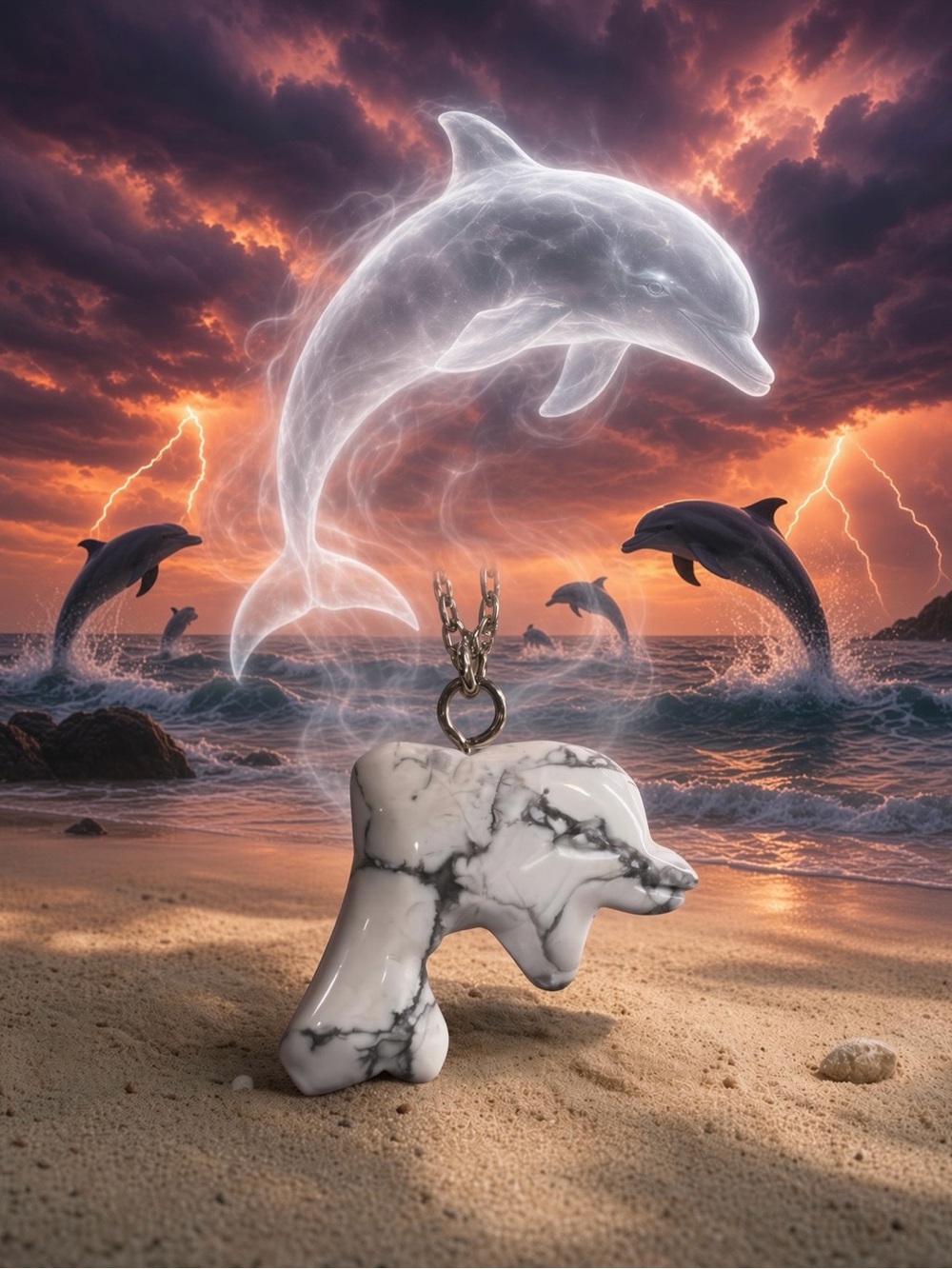 Howlite Dolphin Hand-Carved Pendant Necklace Long